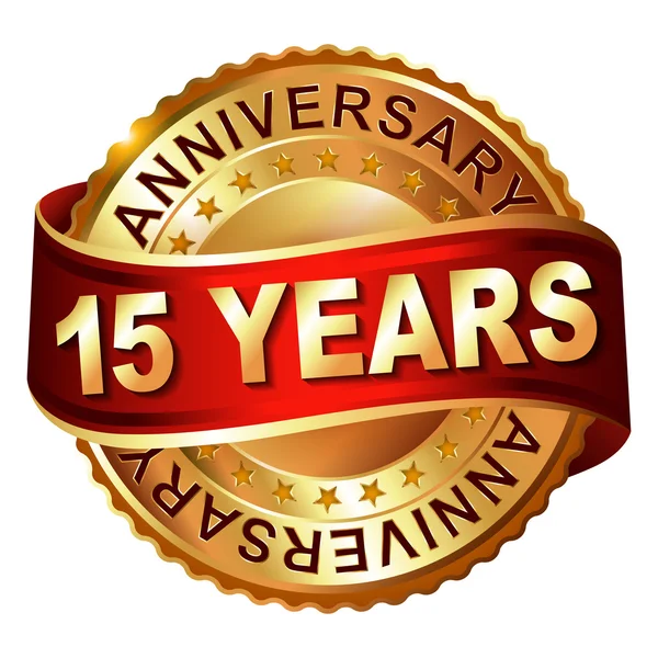 15 years anniversary golden label with ribbon. — Stock Vector