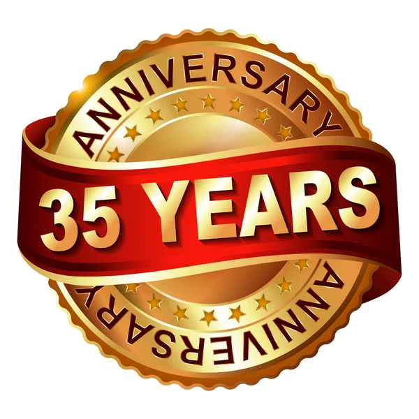 35 years anniversary golden label with ribbon. — Stock Vector