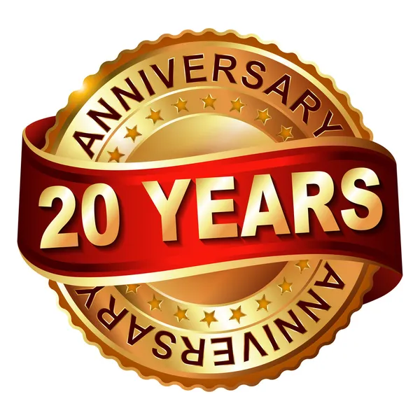 20 years anniversary golden label with ribbon. — Stock Vector