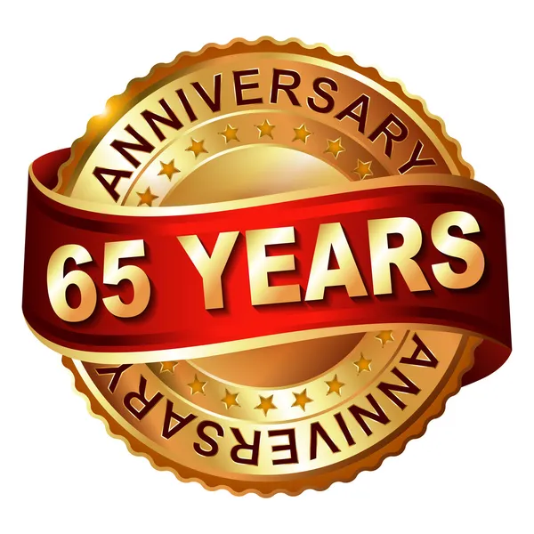 65 anni di etichetta d'oro anniversario con nastro . — Vettoriale Stock