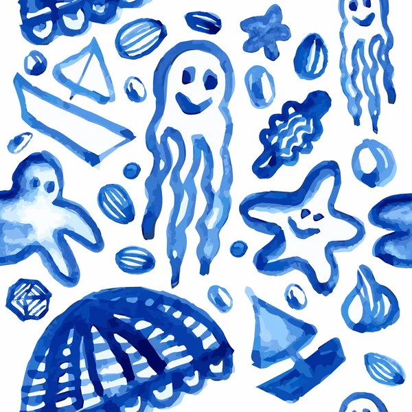 手作りの水彩画の青い海パターン. — ストックベクタ