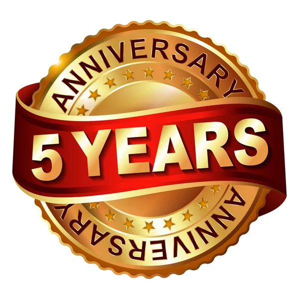 5 years anniversary golden label with ribbon. — Stock Vector