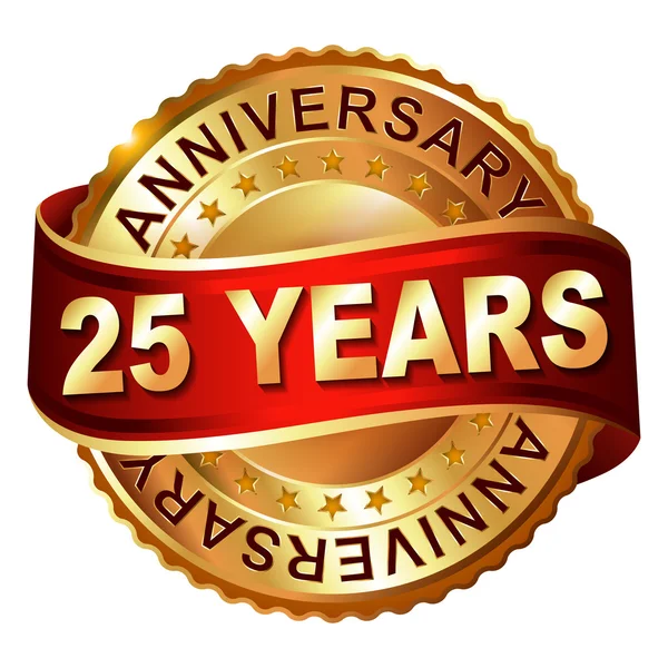 25 years anniversary golden label with ribbon. — Stock Vector