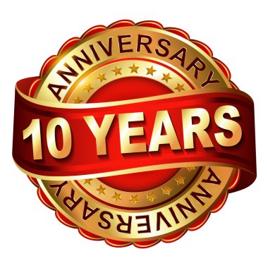 10 years anniversary golden label with ribbon clipart