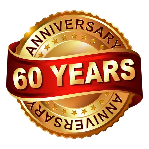 60 years anniversary golden label with ribbon — Stock Vector