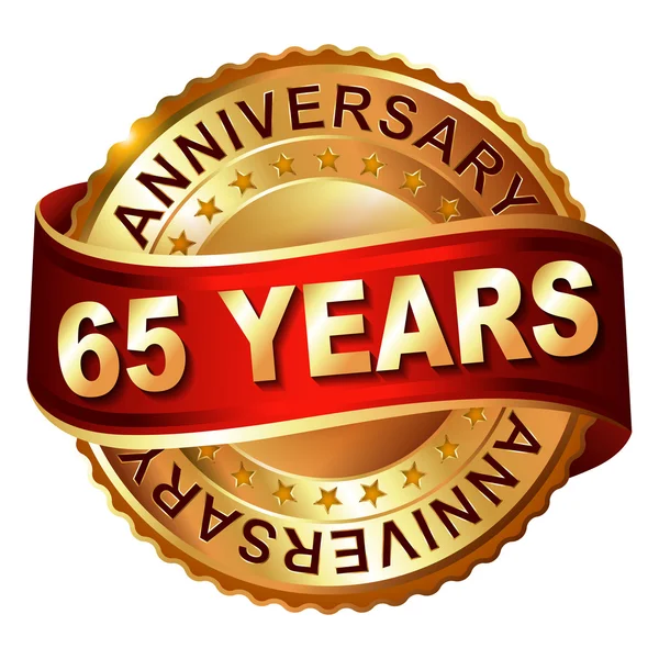 65 anos de etiqueta de ouro aniversário com fita —  Vetores de Stock