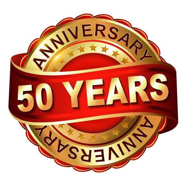 50 years anniversary golden label with ribbon — Stock Vector