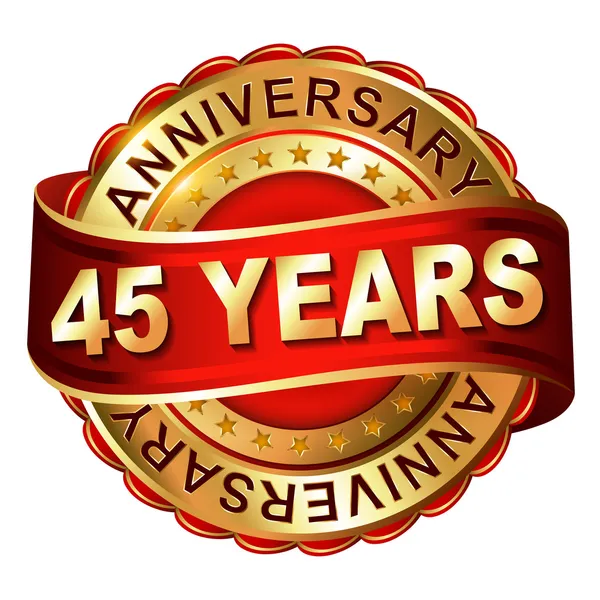 45 anos de etiqueta dourada aniversário com fita —  Vetores de Stock