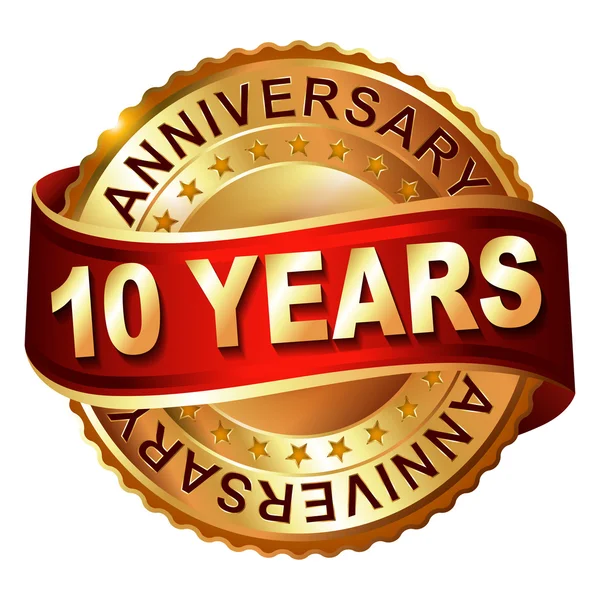 10 years anniversary golden label with ribbon — Stock Vector