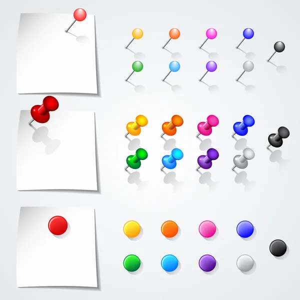 Set van push pins in verschillende kleuren. — Stockvector