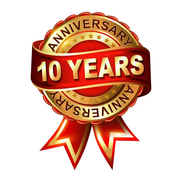 10 years anniversary  label with ribbon. — Stock Vector