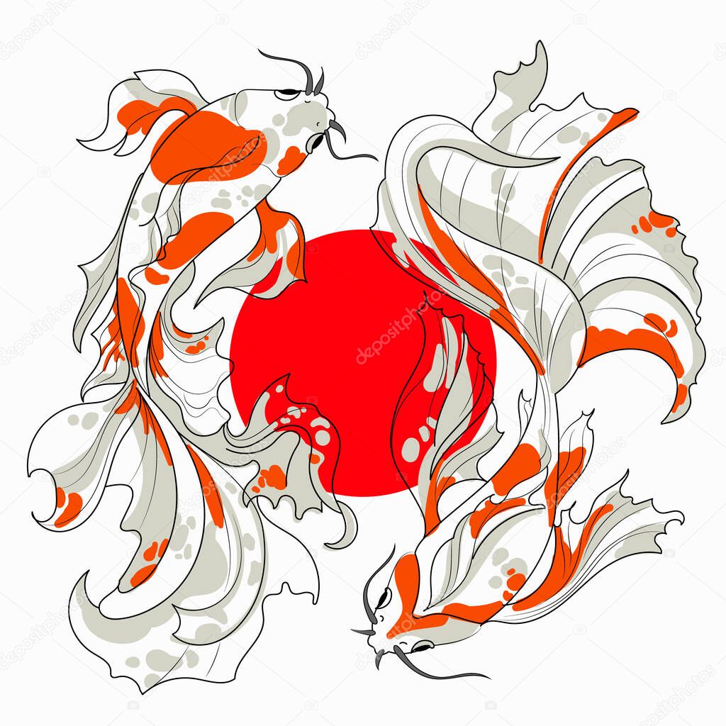 Koi fish and a red circle on a white background. elegant vector sketch