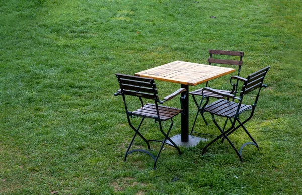 Ahşap Masa Çimenlerin Üzerinde Demir Bahçe Sandalyesi — Stok fotoğraf