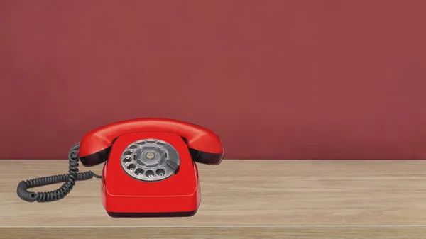 Telefone Vermelho Vintage Chão Madeira Frente Parede Vermelha — Fotografia de Stock