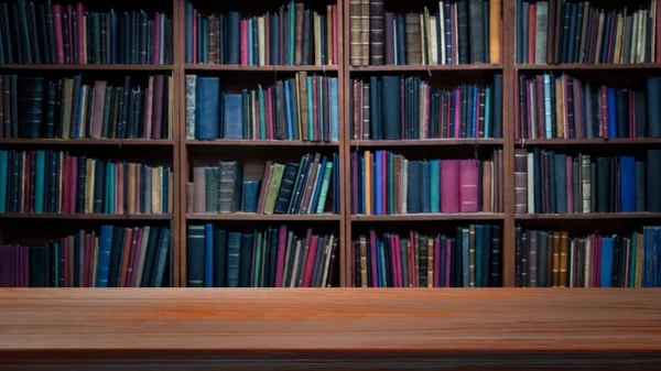 Leerer Holzboden Vor Bücherregalhintergrund — Stockfoto