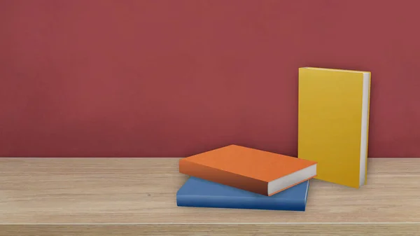 Bücher Stehen Auf Holzboden Vor Roter Wand — Stockfoto