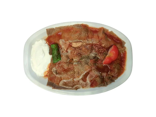 Traditionelles Türkisches Fleischgericht Iskender Kebab Auf Isoliertem Weißem Hintergrund — Stockfoto