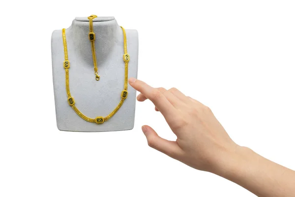 Shopping Γυναίκα Επιλέγει Κοσμήματα Απομονωμένο Λευκό Φόντο — Φωτογραφία Αρχείου