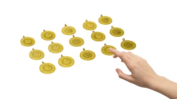 Покупательница Выбирает Золотую Монету Изолированном Белом Фоне — стоковое фото