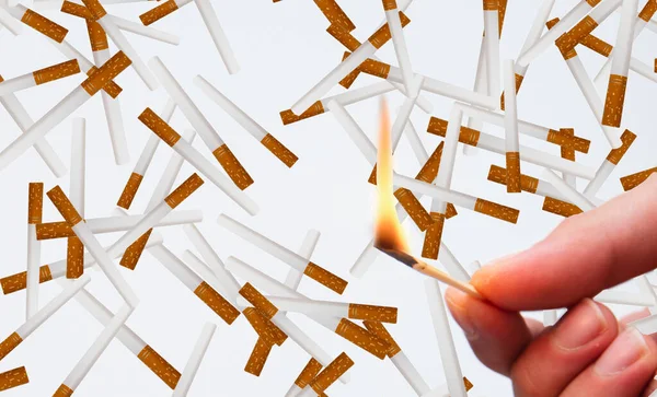 Close Hand Burning Match Cigarette Background — Stock Photo, Image