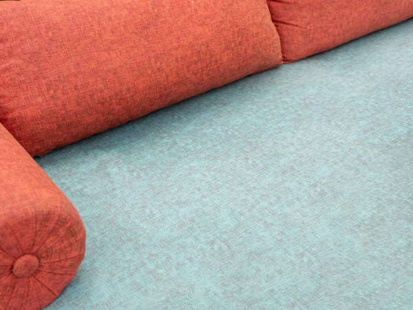 Blue Sofa Pastel Red Pillows Bright Living Room Interior — Foto Stock