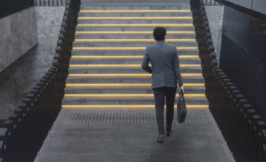 businessman walking on stairs back view
