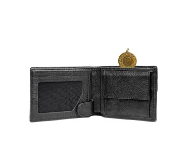 İzole edilmiş beyaz arka planda cüzdanda altın sikke