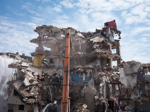 Building House Demolition Site Excavator Hydraulic Crasher Machine Front View — Stockfoto
