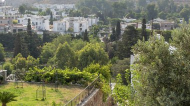 Aerial View Bodrum city background. Aegean sea, traditional white houses, flowers, marina, sailing boats, yachts in Bodrum town Turkey.