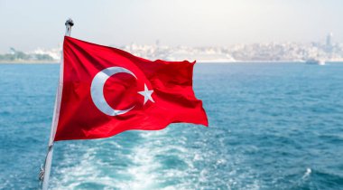 Turkish Flag on sea background. Close up. Istanbul, Turkey