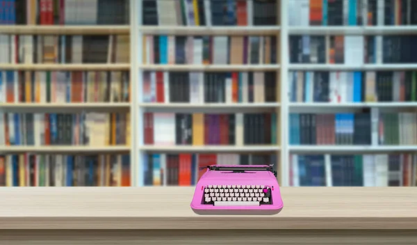Máquina Escrever Frente Estante Livros Alinhados Lado Lado Biblioteca Fechar — Fotografia de Stock