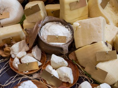 Tezgahta farklı peynirler var. Kapatın.