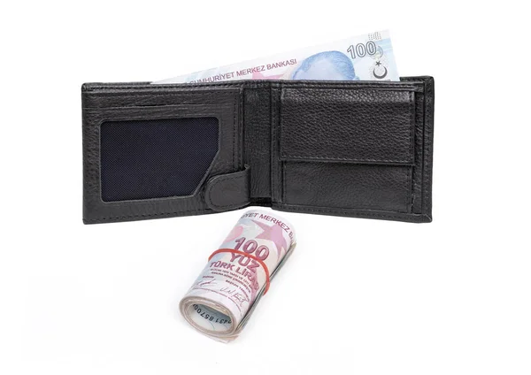 土耳其里拉和钱包在孤立的白色背景顶部视图 — 图库照片
