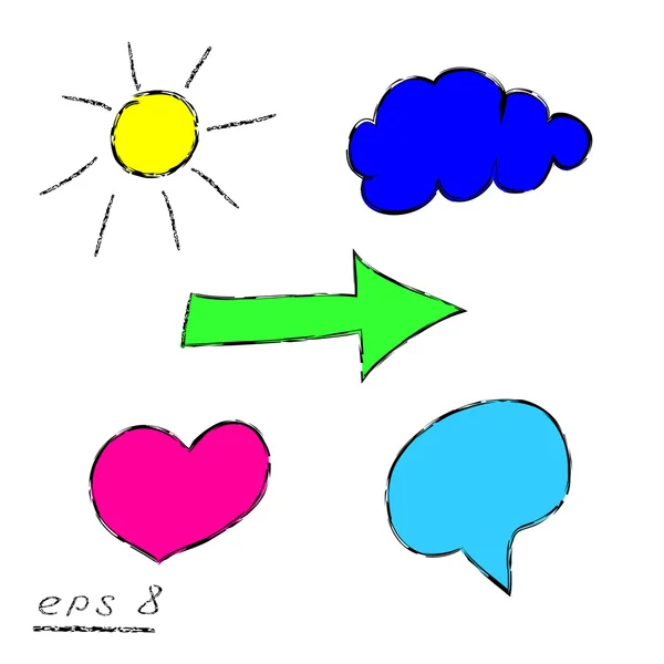 Conjunto de etiquetas. Flecha, burbuja del habla, sol, nube y corazón. Vector. Esbozo . — Archivo Imágenes Vectoriales