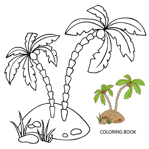 Målarbok. Palmer på ön, svart kontur. vektor illustration. — Stock vektor