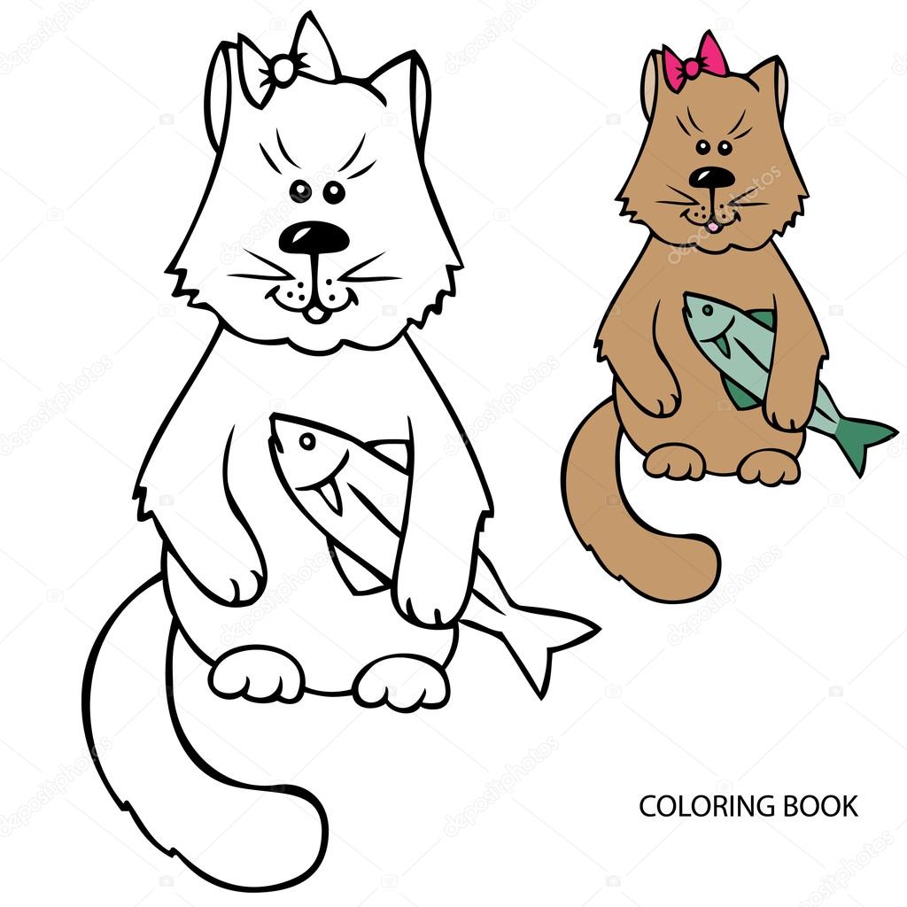 Gatto con pesce libro da colorare illustrazione vettoriale contorno nero — Vettoriale Stock