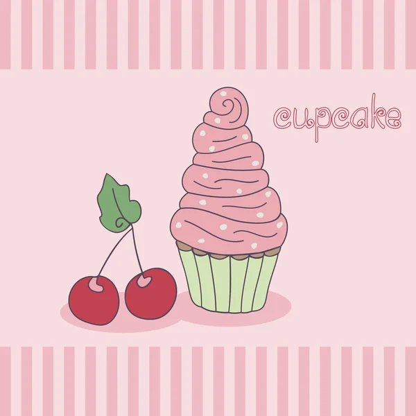 Cupcake, roze vla, kersen. hand getrokken vectorillustratie. — Stockvector