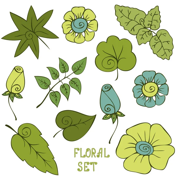 Handgezeichnete florale Elemente. Blätter und Blüten. Vektorillustration. Designelemente. — Stockvektor