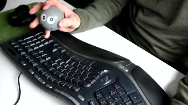 Stressed Home Office Man Squeezing Stress Ball Stress Relief While — Vídeo de Stock