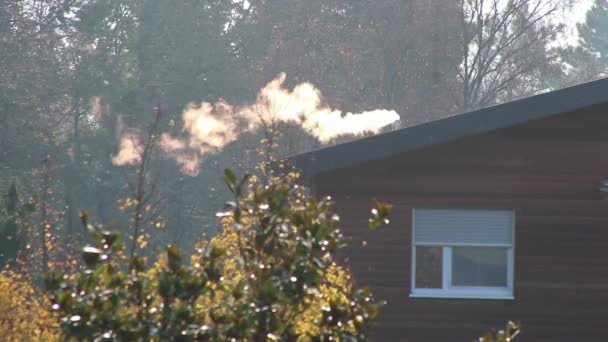 Rauchender Schornstein Eines Blockhauses Winter Zeigt Schornsteinsmog Und Rauchwolke Winter — Stockvideo