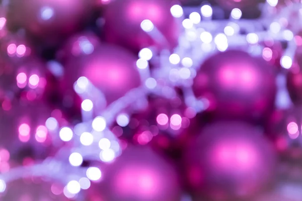 Feestelijke Roze Roos Sprankelende Bokeh Kerstballen Achtergrond Toont Kleurrijke Stippen — Stockfoto