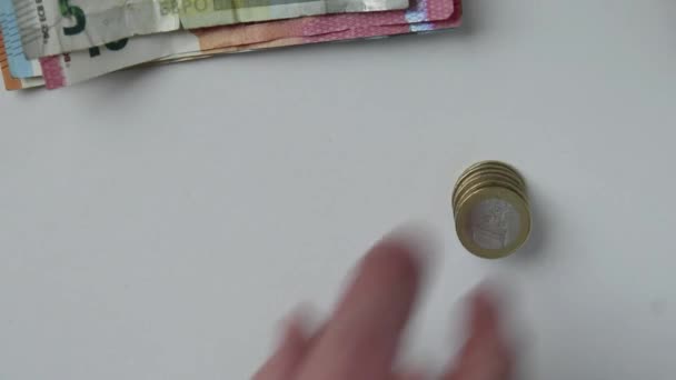 Tangan Orang Eropa Menghitung Uang Kertas Euro Dan Koin Euro — Stok Video