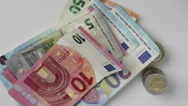 Hand European Man Counting Euro Bank Notes Euro Coins White — Stock Video