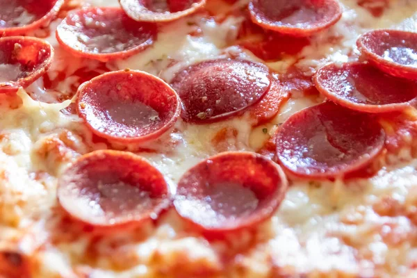 Delicious Salami Pizza Close Macro View Cheese Tomato Sauce Delicious — Stock Photo, Image