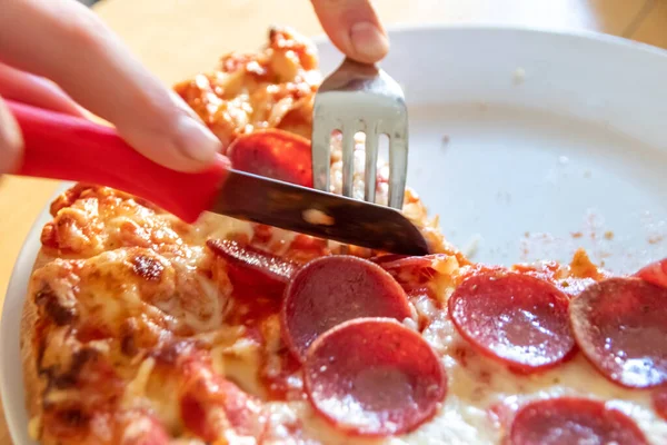 Boy Hands Cut Salami Pizza Pieces Fork Knife Pizza Plate — Stock Photo, Image