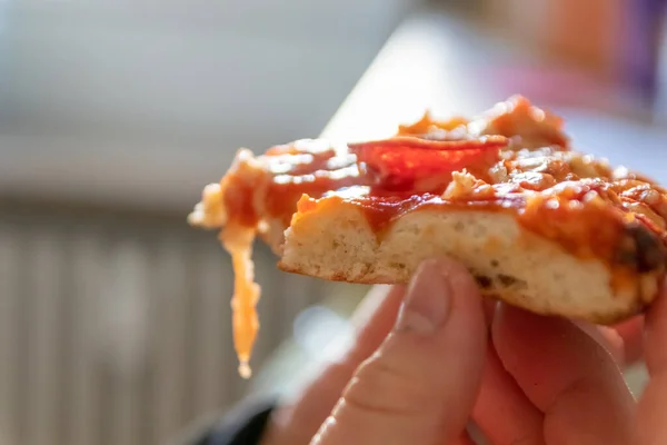 Child Hand Holding Piece Pizza Salami Hot Steam Delicious Cheese — Stock Photo, Image