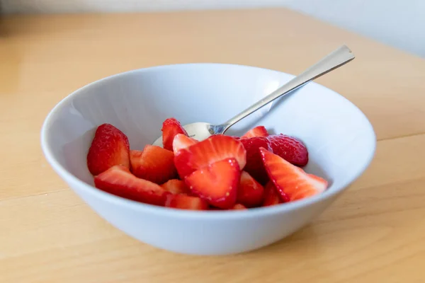 Many Cut Strawberries Bowl Ready Eat Silver Spoon Delicious Finger — Stock Photo, Image