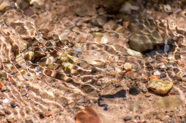 Işıl ışıl suda kayalar, berrak bir su deresinin suyunda yansıyan güneşli yansımalarla doğal arka planda zen meditasyonu, küçük dalgalar ve sağlıklı bir dağdaki ipeksi dalgalar görülüyor.