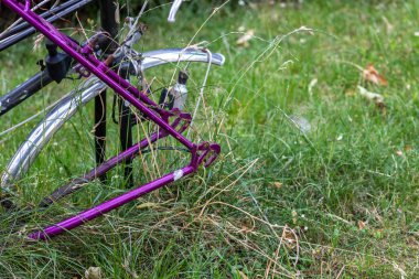 Kırık bisiklet yeşil çayırda