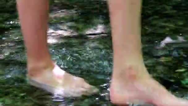 Barefooted Boy Cooling His Feet Water Crystal Clear Water Idyllic — Stock video